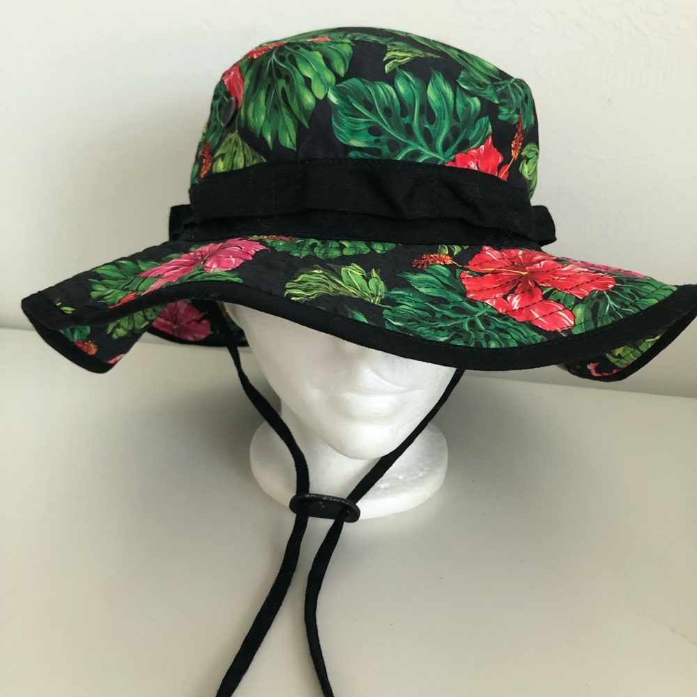 Tropical Print Bucket Style Hat With Chin Strap